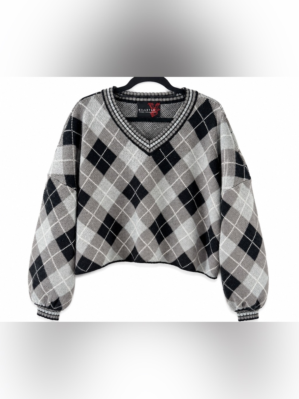 Killstar 4XL Gray Black Argyle Cropped V Neck Goth Sweater